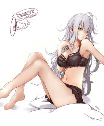 Rule 34 | 1girl, barefoot, bed sheet, black bra, black panties, bra, breasts, character name, cleavage, closed mouth, gangut (kancolle), hair between eyes, heart, kantai collection, large breasts, lingerie, long hair, looking at viewer, messy hair, panties, rizzl, signature, silver hair, simple background, sitting, solo, underwear, white background, yellow eyes