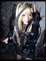 Rule 34 | 1girl, amane misa, amane misa (cosplay), asian, blade, blonde hair, blue eyes, breasts, color contacts, cosplay, death note, elbow gloves, fingerless gloves, fishnet pantyhose, fishnet thighhighs, fishnets, gloves, highres, indoors, jewelry, kipi-san, lace, long hair, looking at viewer, miniskirt, necklace, pantyhose, photo (medium), skirt, small breasts, solo, thighhighs, torn clothes, two side up