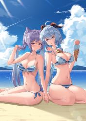 Rule 34 | 2girls, absurdres, beach, bell, bikini, blue hair, blue sky, blush, breasts, cleavage, cloud, cloudy sky, cowbell, day, double bun, feet, food, ganyu (genshin impact), genshin impact, hair bun, hand in own hair, highres, holding hands, horns, ice cream, keqing (genshin impact), kneeling, large breasts, long hair, looking at viewer, multiple girls, navel, ocean, open mouth, purple eyes, purple hair, sky, striped bikini, striped clothes, swimsuit, thighs, twintails, veca, wet, yuri