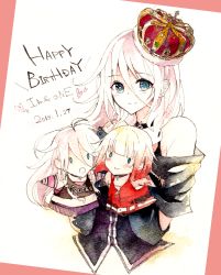 Rule 34 | 0 0, 1girl, 2015, absurdres, ahoge, bare shoulders, blonde hair, blue eyes, braid, cevio, character doll, character name, collar, crown, dated, gradient hair, hand puppet, happy birthday, highres, ia (vocaloid), long hair, multicolored hair, off shoulder, one (cevio), painting (medium), pink hair, puppet, red hair, ren-0, smile, traditional media, vocaloid, watercolor (medium), zipper