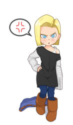 Rule 34 | 1girl, age regression, aged down, android 18, anger vein, armatic, black shirt, blonde hair, blue eyes, blush, boots, bra, brown footwear, child, collarbone, dragonball z, female focus, full body, hand on own hip, long sleeves, oversized clothes, shirt, short hair, simple background, skirt, unworn skirt, solo, spoken anger vein, standing, straight hair, sweatdrop, underwear, white background, white bra