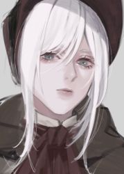 Rule 34 | 1girl, bloodborne, bonnet, cagefreepotato, cloak, close-up, grey background, hat, lips, long hair, looking at viewer, plain doll, simple background, solo, swept bangs, white hair