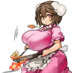 Rule 34 | 1girl, alternate breast size, animal ears, apron, bouncing breasts, breasts, brown hair, rabbit ears, cooking, fire, frying pan, huge breasts, inaba tewi, jewelry, necklace, perky breasts, red eyes, sachito, short hair, solo, thick eyebrows, thick thighs, thighs, touhou
