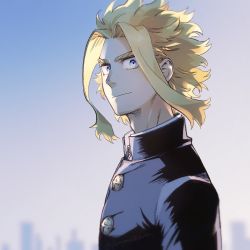 Rule 34 | 1boy, aged down, alternate costume, black jacket, blonde hair, blue eyes, boku no hero academia, closed mouth, commentary request, from side, jacket, looking at viewer, male focus, outdoors, short hair, smile, solo, tomoya (10mymn10 mha), twitter username, upper body, yagi toshinori