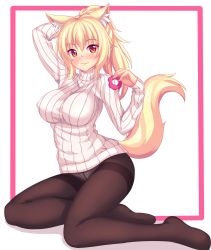 Rule 34 | 1girl, animal ear fluff, animal ears, arm up, blonde hair, blush, breasts, cat ears, cat tail, commentary, english commentary, hair bobbles, hair ornament, highres, large breasts, long hair, looking at viewer, nottytiffy, original, panties, panties under pantyhose, pantyhose, red eyes, ribbed sweater, simple background, slit pupils, solo, sweater, tail, tiffy (nottytiffy), turtleneck, turtleneck sweater, tying hair, underwear, white background