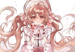 Rule 34 | 1girl, ahoge, ambience synesthesia, animal ears, arknights, blush, bonnet, bow, brown hair, dress, eyjafjalla (arknights), floating hair, gloves, hair between eyes, hands up, highres, horns, long hair, long sleeves, looking at viewer, mrswayne794, official alternate costume, own hands together, pink bow, red eyes, sheep ears, sheep girl, sheep horns, solo, striped, striped bow, twintails, very long hair, white dress, white gloves, white headwear, wide sleeves