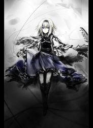 Rule 34 | 1girl, acryl, alice margatroid, blonde hair, blue dress, blue eyes, boots, capelet, dress, female focus, gradient background, hairband, highres, lolita hairband, monochrome, sash, short hair, sketch, solo, spot color, string, touhou
