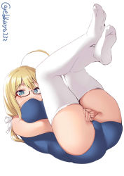 Rule 34 | 1girl, ahoge, ass, between legs, blonde hair, blue eyes, blue one-piece swimsuit, blush, breasts, ebifurya, full body, glasses, hand between legs, highres, i-8 (kancolle), kantai collection, large breasts, long hair, no headwear, no headwear, one-hour drawing challenge, one-piece swimsuit, red-framed eyewear, school swimsuit, semi-rimless eyewear, simple background, solo, swimsuit, thighhighs, twitter username, under-rim eyewear, white background, white thighhighs
