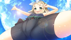 Rule 34 | 10s, 1girl, bike shorts, blonde hair, blue sky, bodysuit, cameltoe, cloud, crotch, day, diving suit, from below, green eyes, hairband, highres, horizon, imachireki, kantai collection, lens flare, looking at viewer, luigi torelli (kancolle), open mouth, outdoors, short hair, sky, smile, solo, spread legs, wetsuit, white hairband