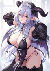 Rule 34 | 1girl, armpits, arms up, bare shoulders, bikini, black choker, black thighhighs, breasts, choker, cleavage, collar, covered navel, cowboy shot, curled horns, demon girl, demon horns, demon tail, demon wings, detached sleeves, guchico, highres, horns, large breasts, long hair, long sleeves, looking at viewer, mole, mole under eye, no bra, nun, original, pelvic curtain, pointy ears, puffy sleeves, purple bikini, revealing clothes, side-tie bikini bottom, sideless outfit, sleeveless, smile, solo, standing, string bikini, swimsuit, tail, thighhighs, thighs, veil, very long hair, white collar, white hair, wings, yellow eyes