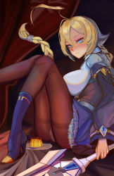 Rule 34 | 1girl, :&lt;, ahoge, arc system works, black pantyhose, blazblue, blazblue: central fiction, blonde hair, blue eyes, blue footwear, blue skirt, blush, boots, braid, breasts, closed mouth, crotch seam, curtains, es (xblaze), expressionless, food, frilled skirt, frills, godsh0t, high heel boots, high heels, highres, holding, holding sword, holding weapon, huge ahoge, large breasts, long hair, long sleeves, medium breasts, panties, panties under pantyhose, pantyhose, plate, pudding, single braid, sitting, skirt, solo, spoon, sword, thighband pantyhose, underwear, unsheathed, very long hair, weapon, white panties, xblaze, xblaze code: embryo