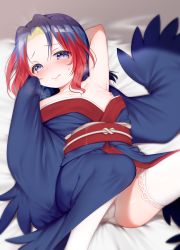 Rule 34 | 1girl, absurdres, arm up, bed sheet, blue kimono, blush, borrowed character, closed mouth, collarbone, commentary request, flat chest, forehead, highres, japanese clothes, kimono, long sleeves, looking at viewer, lying, mofuaki, multicolored hair, nipples, on back, original, panties, parted bangs, purple eyes, purple hair, red hair, sleeves past fingers, sleeves past wrists, solo, sweat, thighhighs, two-tone hair, underwear, white panties, white thighhighs