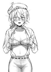 1girl absurdres androgynous anger_vein angry beret blush bra breasts cleavage edgar_valden genderswap genderswap_(mtf) hahi_hos hat highres identity_v looking_at_viewer open_clothes open_shirt partially_unbuttoned solo solo_focus unbuttoned unbuttoned_shirt underwear