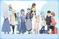 Rule 34 | 0-1-0, 0000 (byoubyou), 6+girls, :d, ^ ^, alice margatroid, alternate costume, alternate headwear, animal ears, apron, backpack, bag, beret, black leggings, blonde hair, blue dress, blue hair, boots, bow, brown eyes, brown hair, carrying, casual, cat ears, cat girl, cat tail, chen, closed eyes, collarbone, contemporary, crescent, dress, fairy wings, female focus, fox ears, fox tail, hair bow, hair ornament, hairband, hand on own face, happy, hat, holding, instrument, jacket, jewelry, konpaku youmu, konpaku youmu (ghost), leggings, letty whiterock, lily white, long hair, lunasa prismriver, lyrica prismriver, merlin prismriver, multiple girls, multiple tails, necklace, no headwear, open mouth, own hands together, pantyhose, perfect cherry blossom, piggyback, pink hair, pointing, ribbon, ring, saigyouji yuyuko, sandals, shanghai doll, short hair, shoulder carry, siblings, silver hair, sisters, smile, standing, star (symbol), striped, suitcase, tail, thighhighs, tiptoes, touhou, trumpet, very long hair, waist apron, wings, yakumo ran, yakumo yukari, yellow eyes, zettai ryouiki