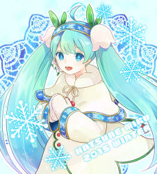 Rule 34 | 10s, 1girl, 2015, ahoge, aqua eyes, aqua hair, capelet, character name, cherry, circuit58, flower, food, fruit, hatsune miku, headset, lily of the valley, long hair, mittens, open mouth, snowflake print, snowflakes, solo, twintails, very long hair, vocaloid, yuki miku