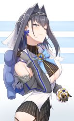 Rule 34 | 1girl, absurdres, black hair, black skirt, blue bow, blue bowtie, blush, bow, bow earrings, bowtie, breasts, chain, chain headband, cleavage, closed mouth, detached sleeves, earrings, hair between eyes, hair intakes, head chain, highres, holding, holding pocket watch, hololive, hololive english, jewelry, juliet sleeves, large breasts, long sleeves, looking at viewer, medium hair, ouro kronii, pocket watch, puffy sleeves, shirt, sideways glance, skirt, solo, virtual youtuber, watch, white shirt, zenya