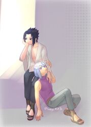 Rule 34 | belt, black eyes, black hair, black pants, bored expression, brown belt, grey pants, hand on another&#039;s chest, hand on own face, hoozuki suigetsu, leaning on person, looking aside, looking up, lounging, multiple boys, naruto (series), naruto shippuuden, one leg raised, pants, purple eyes, purple shirt, sandals, shirt, sleeveless, sleeveless shirt, sleevless, spiked hair, tooth sticking out of mouth, touching another&#039;s arm, uchiha sasuke, unbuttoned, unbuttoned shirt, white hair, white shirt, yaoi, yoshiya0909