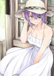 Rule 34 | 1girl, alternate costume, bare shoulders, blush, breasts, brown eyes, cleavage, closed mouth, collarbone, commentary request, dress, eyepatch, hair between eyes, hat, highres, kantai collection, large breasts, looking at viewer, medium breasts, outdoors, purple hair, short hair, smile, solo, sun hat, tadd (tatd), tenryuu (kancolle), white dress, window