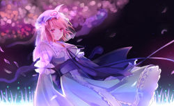 Rule 34 | 1girl, backlighting, breasts, cherry blossoms, collar, floating, frilled collar, frilled shirt collar, frills, glowing, grass, hat, highres, hitodama, japanese clothes, kimono, large breasts, light particles, long sleeves, looking afar, mob cap, ni you, night, night sky, obi, open mouth, petals, pink eyes, pink hair, ribbon, ribbon-trimmed clothes, ribbon-trimmed collar, ribbon trim, saigyouji yuyuko, sash, short hair, sky, smile, solo, star (sky), starry sky, touhou, triangular headpiece, veil, wind
