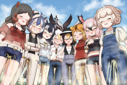 Rule 34 | animalization, belt, blouse, blush, character request, denim, closed eyes, formal, hat, highres, jeans, kemono friends, kemono friends 3, multiple girls, open mouth, overalls, pants, pee, peeing, peeing self, red sweater, sheep (kemono friends), shirt, short shorts, shorts, sky, suit, sunglasses, sweater, white shirt, white suit, winged hat, wings