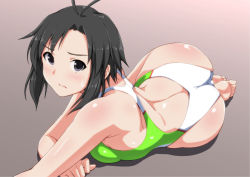 Rule 34 | 1girl, antenna hair, ass, back cutout, barefoot, black eyes, black hair, blush, closed mouth, clothing cutout, competition swimsuit, eyebrows, gradient background, idolmaster, idolmaster (classic), kikuchi makoto, lying, on side, one-piece swimsuit, outstretched arm, short hair, sidelocks, solo, swimsuit, tengu (tetuo kun)