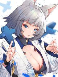 Rule 34 | 1girl, animal ear fluff, animal ears, azur lane, blue eyes, blunt bangs, breasts, cleavage, cleavage cutout, clothing cutout, fingernails, fox ears, highres, kaga (azur lane), large breasts, long sleeves, looking at viewer, mikan (chipstar182), short hair, silver hair, solo, upper body, white background