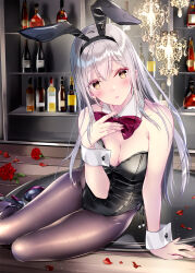 Rule 34 | 1girl, alcohol, animal ears, arm support, bad id, bad twitter id, bare shoulders, black footwear, black hairband, black leotard, black pantyhose, blush, bottle, bow, bowtie, breasts, brown eyes, cleavage, collar, commentary request, detached collar, fake animal ears, flower, full body, hairband, hand up, high heels, highleg, highleg leotard, highres, kobayashi chisato, leaning to the side, leotard, long hair, looking at viewer, medium breasts, on floor, original, pantyhose, parted lips, petals, playboy bunny, red bow, red bowtie, red flower, red rose, revision, rose, rose petals, shelf, side-tie leotard, sidelocks, sitting, solo, thighs, white collar, white hair, white wrist cuffs, wooden floor, wrist cuffs, yokozuwari