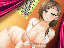 Rule 34 | 1girl, bikini, blush, breasts, brown hair, cleavage, collarbone, curtains, earrings, front-tie bikini top, front-tie top, green eyes, jewelry, large breasts, long hair, looking at viewer, lotion, low ponytail, militia minpei, original, parted lips, short ponytail, smile, soapland, solo, swept bangs, swimsuit, wall, white bikini