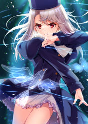Rule 34 | 1girl, blue hat, blue jacket, blush, breasts, buttons, clenched teeth, commentary request, double-breasted, fate/stay night, fate (series), fur hat, hair between eyes, hat, highres, illyasviel von einzbern, jacket, long hair, long sleeves, looking at viewer, md5 mismatch, papakha, red eyes, resolution mismatch, revision, sidelocks, small breasts, source larger, teeth, thighs, white hair, yan (nicknikg)