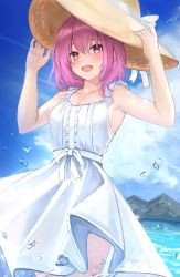 Rule 34 | 1girl, absurdres, braid, cloud, cloudy sky, commentary, commission, cowboy shot, date a live, dress, english commentary, hand on headwear, hat, highres, looking at viewer, medium hair, nao (okt8538), ocean, open mouth, pink eyes, pink hair, short hair, sky, sleeveless, sleeveless dress, solo, sonogami rinne, sun hat, sundress, water, white dress