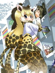 Rule 34 | 1girl, absurdres, animal ears, animal print, blonde hair, blue eyes, book, bookshelf, brown hair, commentary request, extra ears, from below, giraffe ears, giraffe horns, giraffe print, giraffe tail, highres, horns, iwa (iwafish), kemono friends, long hair, long sleeves, looking at viewer, multicolored hair, pantyhose, pleated skirt, print neckwear, print pantyhose, print skirt, print sleeves, reticulated giraffe (kemono friends), scarf, shirt, short sleeves, skirt, solo, t-shirt, tail, white shirt
