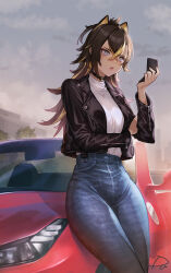 Rule 34 | 1girl, absurdres, black choker, black hair, black jacket, black nails, blonde hair, blue eyes, breasts, car, choker, cloud, cloudy sky, convertible, crossed bangs, dark-skinned female, dark skin, dehya (genshin impact), denim, ear piercing, genshin impact, hair between eyes, hair ears, hair intakes, hand on own arm, highres, holding, jacket, jeans, large breasts, leather, leather jacket, long hair, looking at object, motor vehicle, multicolored hair, nail polish, open mouth, outdoors, pants, piercing, radjeong, shirt, shirt tucked in, signature, sitting on car, sky, solo, streaked hair, tight clothes, tight pants, turtleneck, two-tone hair, white shirt