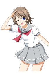 Rule 34 | 10s, 1girl, blinking, blue eyes, breasts, edo-sensei, grey hair, highres, leaning forward, looking at viewer, love live!, love live! sunshine!!, medium breasts, neckerchief, one eye closed, open mouth, red neckerchief, sailor collar, school uniform, shirt, short hair, simple background, skirt, smile, solo, standing, teeth, upper teeth only, watanabe you, white background