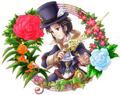 Rule 34 | 1boy, bad id, bad pixiv id, blue eyes, blue flower, blue hair, blue rose, flower, frederic chopin (trusty bell), fuju, hat, male focus, matching hair/eyes, musical note, red flower, red rose, rose, solo, top hat, trusty bell