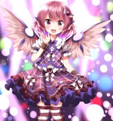 Rule 34 | 1girl, alternate costume, animal ears, bird ears, bird wings, blush, brown skirt, brown vest, earrings, feet out of frame, frilled shirt collar, frilled skirt, frilled sleeves, frills, hair between eyes, hair ornament, highres, hollow song of birds, jewelry, mystia lorelei, open mouth, pink eyes, pink hair, pink wings, ruu (tksymkw), sailor collar, shirt, short hair, short sleeves, single earring, skirt, smile, solo, striped clothes, striped thighhighs, thighhighs, touhou, vest, white shirt, wings