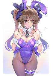 Rule 34 | 1girl, animal ears, bare shoulders, black eyes, black pantyhose, blush, breasts, brown hair, cleavage, covered navel, detached collar, fake animal ears, flying sweatdrops, highres, himekaidou hatate, leotard, looking at viewer, matsuda (matsukichi), necktie, pantyhose, playboy bunny, rabbit ears, revision, simple background, solo, touhou, twintails, white background, wrist cuffs