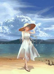 Rule 34 | 1girl, :d, absurdres, adjusting clothes, adjusting headwear, bare shoulders, beach, blonde hair, blue ribbon, blue sky, blush, closed eyes, cloud, cloudy sky, collared dress, dress, facing viewer, full body, hair between eyes, hair ribbon, hat, highres, long dress, long hair, mountain, ocean, open mouth, original, outdoors, pleated dress, ribbon, sandals, shadow, sidelocks, sky, sleeveless, sleeveless dress, smile, solo, standing, straw hat, summer, tnri 0404, toes, white dress