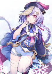 Rule 34 | 1girl, beads, braid, coyucom, earrings, genshin impact, hair between eyes, hat, highres, jewelry, long hair, long sleeves, looking at viewer, necklace, parted lips, prayer beads, purple eyes, purple hair, qingdai guanmao, qiqi (genshin impact), simple background, solo, thighhighs, twin braids, white background