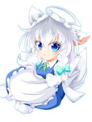 Rule 34 | 1girl, absurdres, ahoge, animal ears, animal hands, apron, arm up, blue skirt, blue vest, braid, chibi, commentary request, dog ears, dog tail, gloves, hair between eyes, hair ribbon, highres, huge ahoge, inu sakuya (nejikirio), izayoi sakuya, looking at viewer, maid, maid headdress, muumuu (sirufuruteienn), outline, partial commentary, paw gloves, puffy short sleeves, puffy sleeves, ribbon, shirt, short sleeves, silver hair, simple background, sitting, skirt, solo, tail, touhou, tress ribbon, triangle mouth, twin braids, vest, waist apron, white background, white shirt