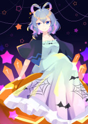 Rule 34 | 1girl, absurdres, adapted costume, animal print, arm support, bat print, black capelet, blue eyes, blue hair, breasts, capelet, closed mouth, cross, dark background, feet out of frame, hair between eyes, hair ornament, hair rings, hair stick, halloween, highres, kaku seiga, latin cross, looking to the side, medium breasts, medium hair, one-hour drawing challenge, shinketsu kanyu, simple background, sitting, smile, solo, spider web print, star (symbol), touhou
