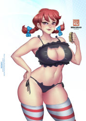 Rule 34 | 1girl, bokuman, bow, breasts, cat cutout, cat ear panties, cat lingerie, cleavage, cleavage cutout, clothing cutout, curvy, hand on own hip, large breasts, looking at viewer, meme attire, navel, panties, product girl, red eyes, red hair, ribbon, side-tie panties, skindentation, solo, standing, striped clothes, striped thighhighs, thighhighs, tongue, tongue out, twintails, underwear, wendy&#039;s, wendy (wendy&#039;s), wide hips