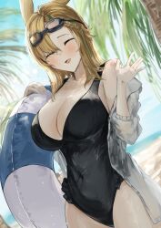Rule 34 | 1boy, 1girl, absurdres, animal ears, arknights, beach, black one-piece swimsuit, blonde hair, blue sky, blush, braid, breasts, character request, cleavage, closed eyes, covered navel, cowboy shot, day, goggles, goggles on head, highres, holding, holding swim ring, innertube, jacket, kajuu, kroos (arknights), large breasts, long hair, ocean, one-piece swimsuit, open clothes, open jacket, open mouth, outdoors, palm tree, rabbit ears, rabbit girl, sand, sky, solo focus, standing, swim goggles, swim ring, swimsuit, swimsuit under clothes, tree, water, waving, wet, white jacket