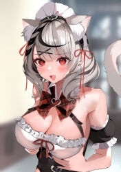 Rule 34 | 1girl, absurdres, animal ear fluff, animal ears, bare shoulders, black hair, blush, bow, bowtie, breast hold, breasts, cat ears, cat girl, cat tail, cleavage, fang, grey hair, hair ornament, highres, hololive, large breasts, looking at viewer, maid, maid headdress, medium hair, multicolored hair, niku (hamuchang), open mouth, plaid, plaid bow, plaid bowtie, puffy short sleeves, puffy sleeves, red bow, red bowtie, red eyes, sakamata chloe, short sleeves, skin fang, smile, solo, streaked hair, sweat, tail, virtual youtuber, x hair ornament