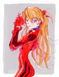 Rule 34 | 1girl, absurdres, artist request, blue eyes, bodysuit, breasts, brown hair, hair between eyes, highres, interface headset, lips, long hair, looking at viewer, looking to the side, neon genesis evangelion, pilot suit, plugsuit, red bodysuit, red headwear, shiny clothes, simple background, small breasts, solo, souryuu asuka langley, standing, two side up, very long hair