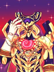 Rule 34 | 1boy, absurdres, armor, artist request, cape, duel monster, eldlich the golden lord, extra eyes, full armor, gloves, glowing, glowing eyes, gold armor, gradient background, highres, horns, jewelry, looking at viewer, multicolored hair, shoulder spikes, solo, spikes, standing, two-tone hair, white gloves, wide sleeves, yu-gi-oh!