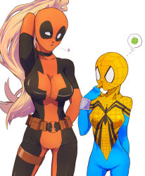 Rule 34 | 2girls, belt, blonde hair, blowing kiss, bodysuit, breast envy, breasts, brown belt, food, fruit, heart, height difference, impossible bodysuit, impossible clothes, lady deadpool, large breasts, long hair, looking to the side, marvel, mayday parker, melon, multiple girls, ponsuke (pondelion7211), ponytail, red bodysuit, small breasts, spider-girl, spider-man (series), spider web print, spoken object, superhero costume, thought bubble, wanda wilson, white eyes