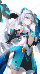 Rule 34 | 1girl, absurdres, bare shoulders, black gloves, breasts, bronya zaychik, bronya zaychik (herrscher of truth), clothing cutout, cowboy shot, dress, drill hair, gloves, grey eyes, grey hair, hair between eyes, headgear, highres, honkai (series), honkai impact 3rd, long hair, looking at viewer, ooo wange, open mouth, red pupils, simple background, small breasts, solo, stomach cutout, white background