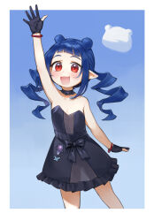 Rule 34 | 1girl, absurdres, aged down, alternate breast size, arm up, black bow, black choker, black dress, black gloves, blue background, blue hair, bow, bracelet, choker, collarbone, dizzy dokuro, double bun, dress, dress bow, flat chest, gloves, hair bun, highres, jewelry, long hair, open mouth, partially fingerless gloves, phase connect, pointy ears, red eyes, solo, strapless, strapless dress, twintails, virtual youtuber, wy lee (pixelnoodle)