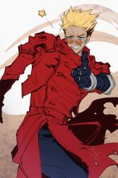 Rule 34 | 1boy, aqua eyes, blonde hair, coat, commentary, english commentary, highres, jewelry, mole, mole under eye, n fastcart, red coat, ring, smile, solo, star (symbol), sunglasses, teeth, trigun, vash the stampede