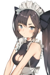 Rule 34 | 1girl, :&lt;, alternate costume, apron, bare shoulders, black bow, blue eyes, blush, bow, breasts, brown hair, cat cutout, cleavage, cleavage cutout, closed mouth, clothing cutout, enmaided, frilled apron, frills, genshin impact, grayfox, hair bow, highres, long hair, looking at viewer, maid, maid headdress, medium breasts, mona (genshin impact), sleeveless, solo, twintails, v-shaped eyebrows, very long hair, waist apron, white apron